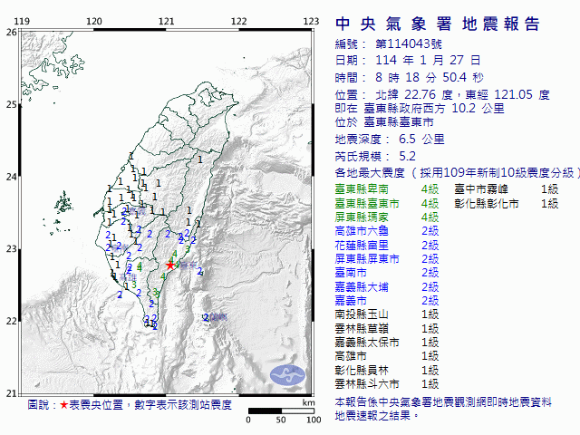 地震速報！ 台東市規模5.2  最大震度4級